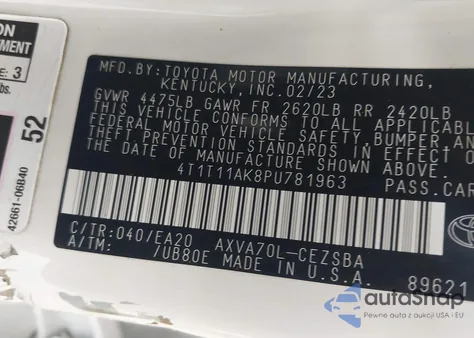 2023 Toyota Camry Se z USA, uszkodzony, nr VIN 4T1T11AK8PU781963